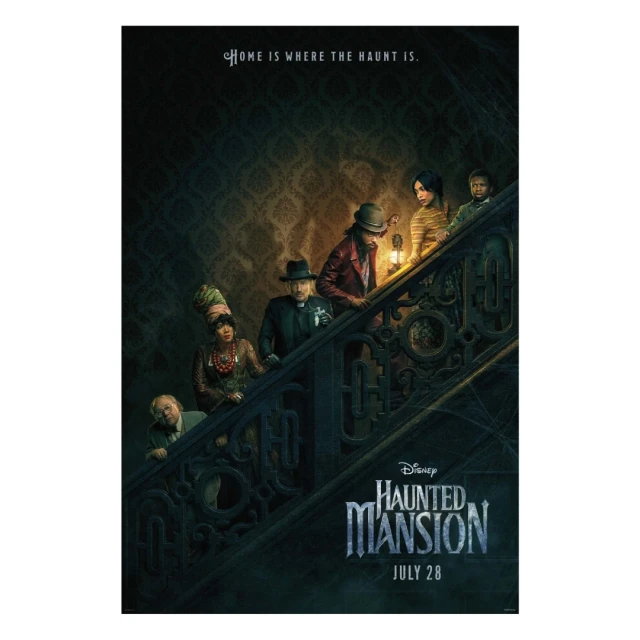 Movie poster for Disney's Haunted Mansion featuring a group of people on a staircase with a spooky, vintage design. 