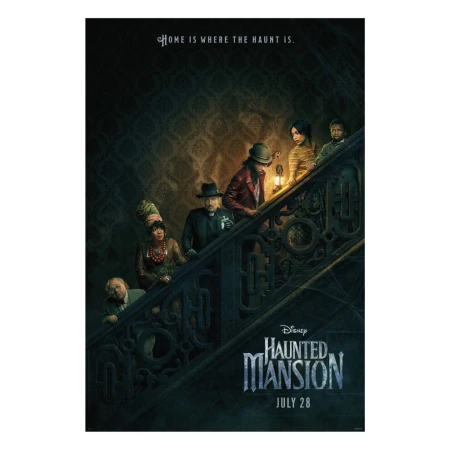 Movie poster for Disney's Haunted Mansion featuring a group of people on a staircase with a spooky, vintage design. 