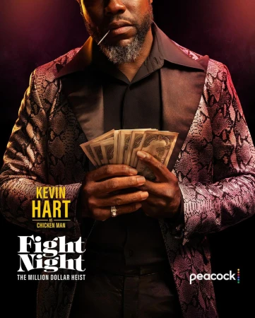 Promotional image for Fight Night: The Million Dollar Heist features a man in a snakeskin jacket holding a wad of cash.