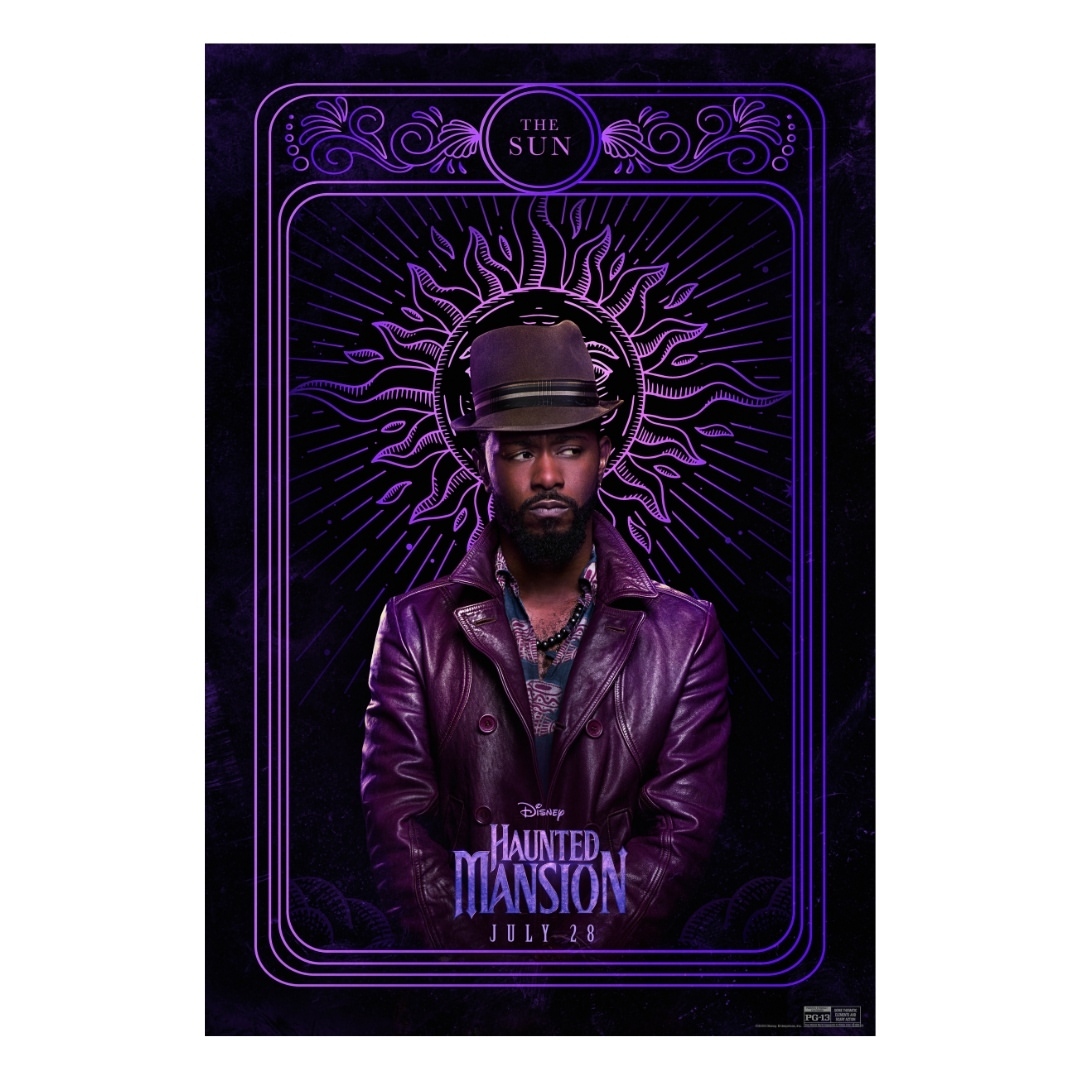 Character poster for 'Haunted Mansion' movie features a man in a purple leather coat and hat against a sunburst backdrop.
