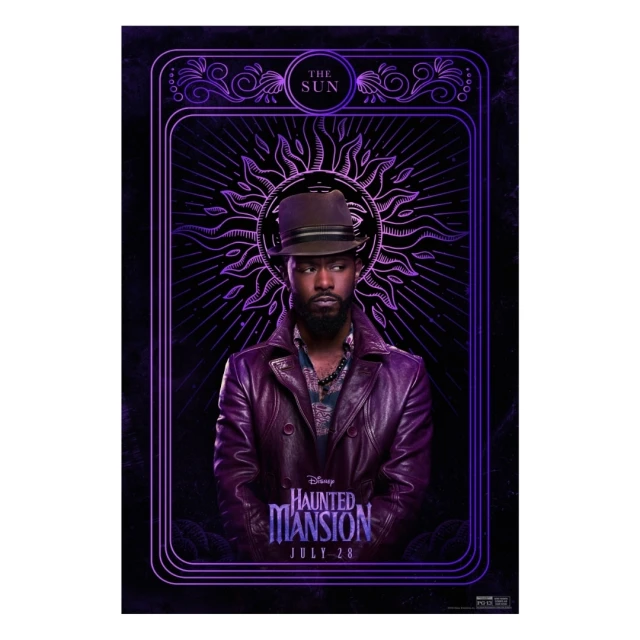 Character poster for 'Haunted Mansion' movie features a man in a purple leather coat and hat against a sunburst backdrop.