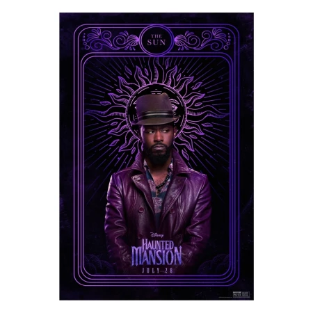 Character poster for 'Haunted Mansion' movie features a man in a purple leather coat and hat against a sunburst backdrop.