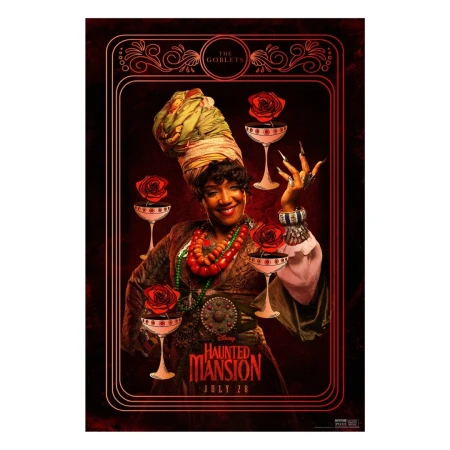 Promotional image for Disney's Haunted Mansion film features a woman in ornate costume, surrounded by roses, set against a dark backdrop.