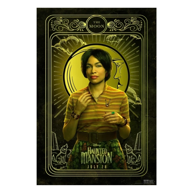 Promotional movie poster featuring actress Rosario Dawson for Disney's Haunted Mansion movie with a large moon in the background.