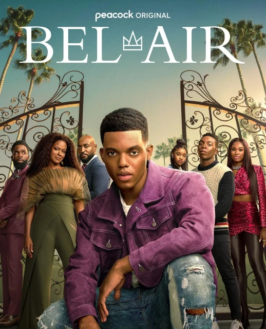 Bel-Air TV series promo image featuring the main cast in front of a wrought-iron gate and palm trees under a bright sky.