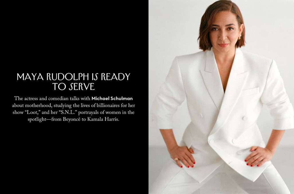 Maya Rudolph poses in a white suit against a white background in a close-up portrait. Text on the left advertises her show.