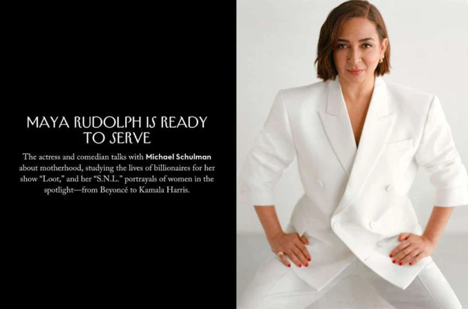 Maya Rudolph poses in a white suit against a white background in a close-up portrait. Text on the left advertises her show.