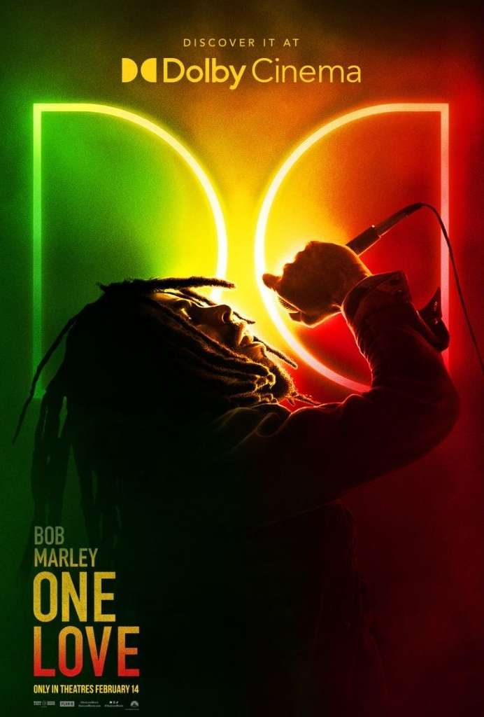 Movie poster for Bob Marley: One Love, featuring a silhouetted man with dreadlocks singing into a microphone, lit by neon colors.