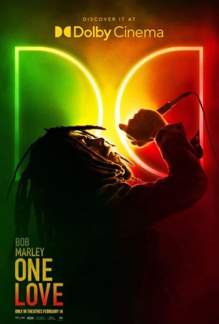 Movie poster for Bob Marley: One Love, featuring a silhouetted man with dreadlocks singing into a microphone, lit by neon colors.
