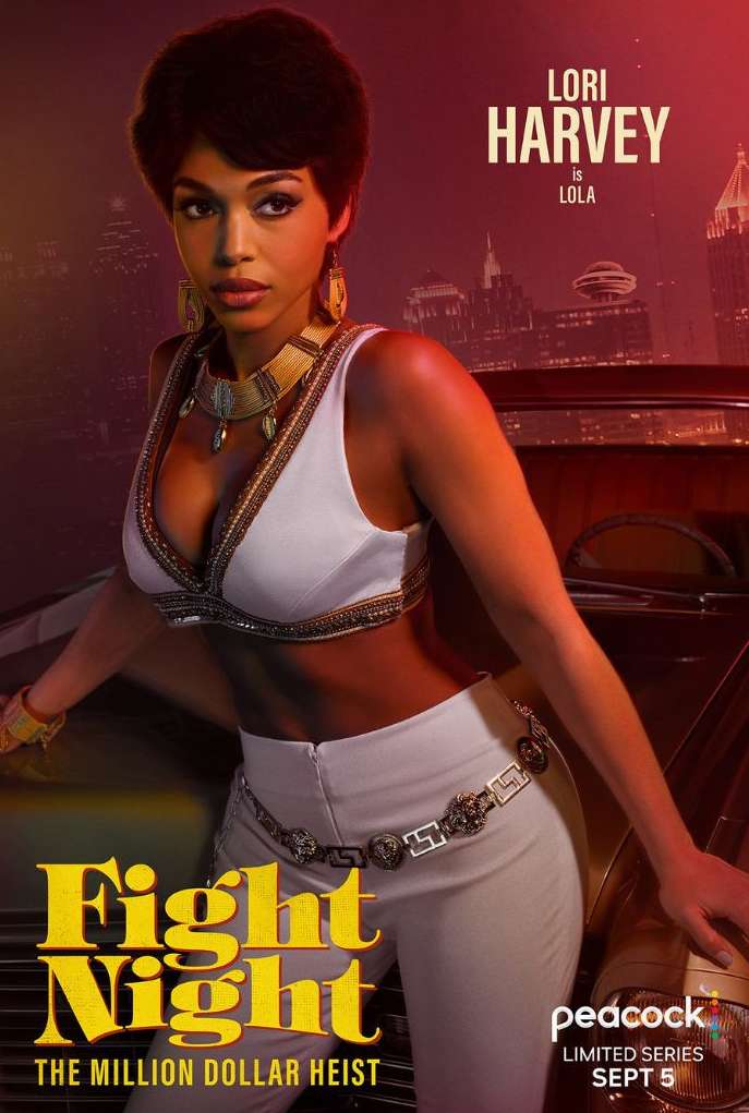 Promotional poster for 'Fight Night: The Million Dollar Heist' featuring Lori Harvey in a white outfit and gold jewelry, set against an urban backdrop.