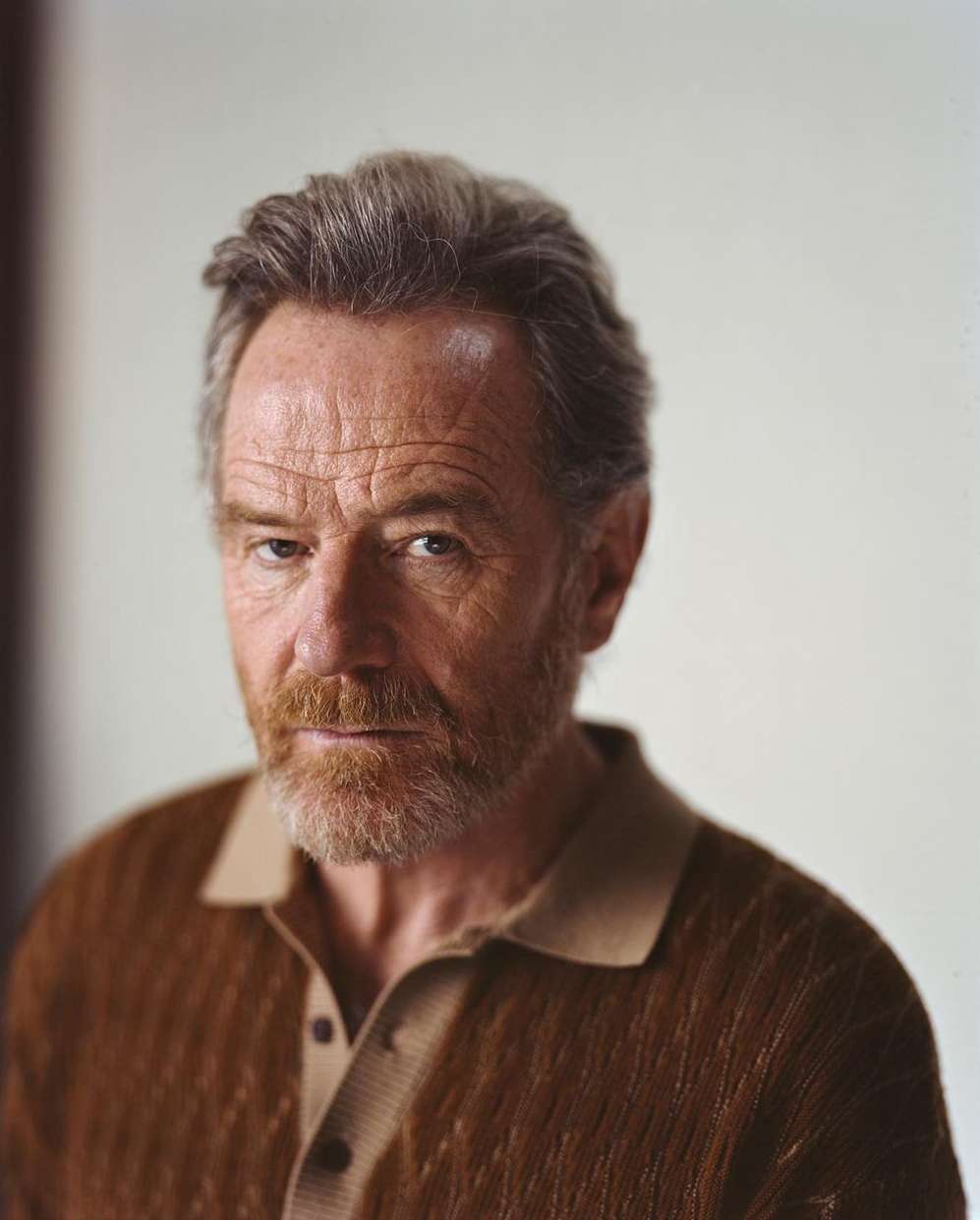 Portrait of an adult male with short grey hair, wearing a brown and tan polo shirt against a neutral background in an indoor setting.