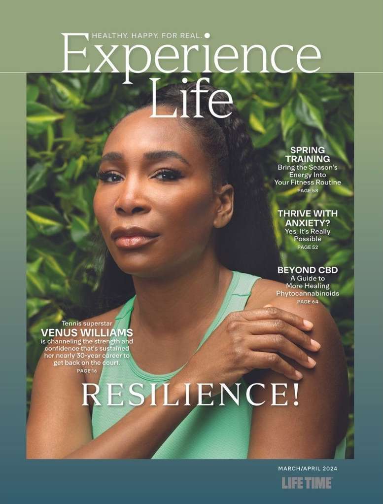 Venus Williams on Experience Life magazine cover, wearing a green tank top, against a leafy green background. Text: 'Resilience!'