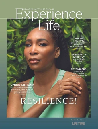 Venus Williams on Experience Life magazine cover, wearing a green tank top, against a leafy green background. Text: 'Resilience!'