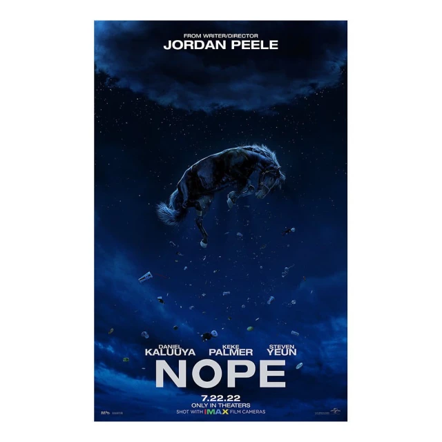 Movie poster for "Nope" features horse floating in a dark blue atmosphere with clouds. Text includes writer/director Jordan Peele and cast names.