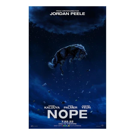 Movie poster for "Nope" features horse floating in a dark blue atmosphere with clouds. Text includes writer/director Jordan Peele and cast names.