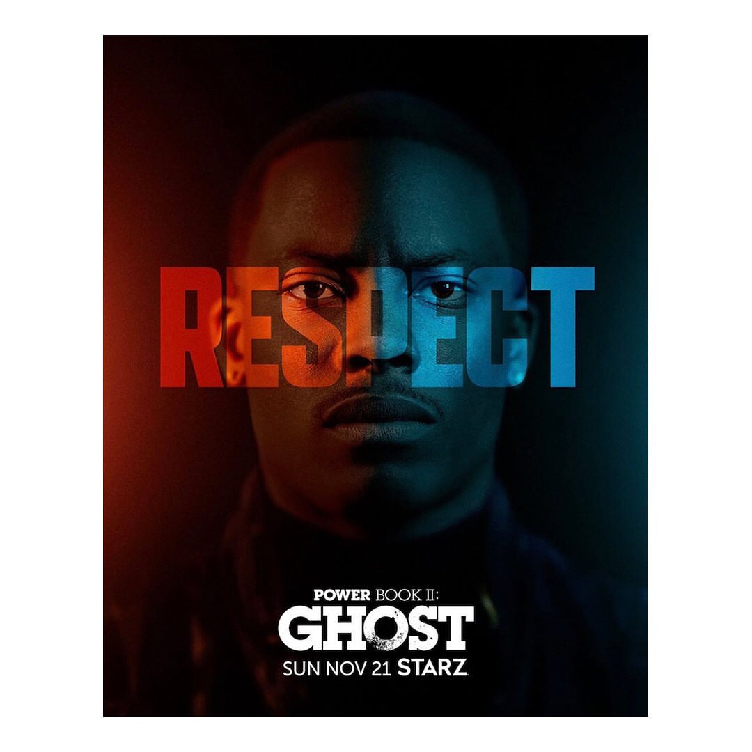 Promotional close-up portrait for Power Book II: Ghost features an adult male with bold text overlay in a dark, diffused light setting.