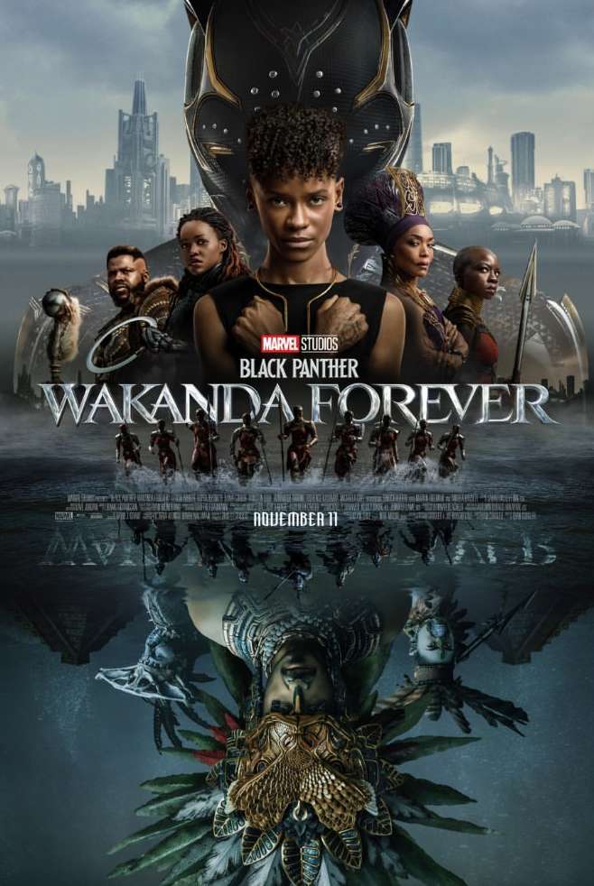 Movie poster for Black Panther: Wakanda Forever, featuring cast members including Letitia Wright and Angela Bassett, with city and ocean elements.