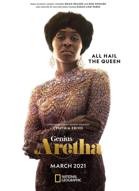Promotional image for Genius: Aretha features Cynthia Erivo wearing a sequined dress against a white background, promoting the National Geographic show.