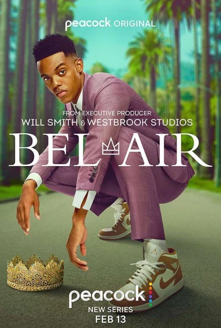Poster image for Peacock's Bel-Air features a black man in a suit crouching on a road with palms in the background and a gold crown.