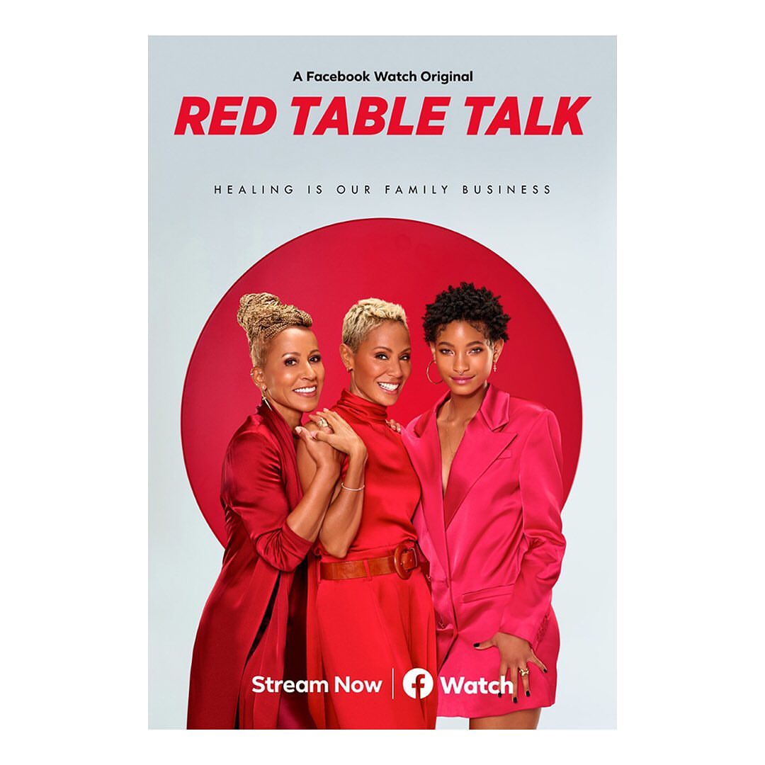 A Facebook Watch Original poster for Red Table Talk featuring three women in red outfits smiling in front of a red circle.