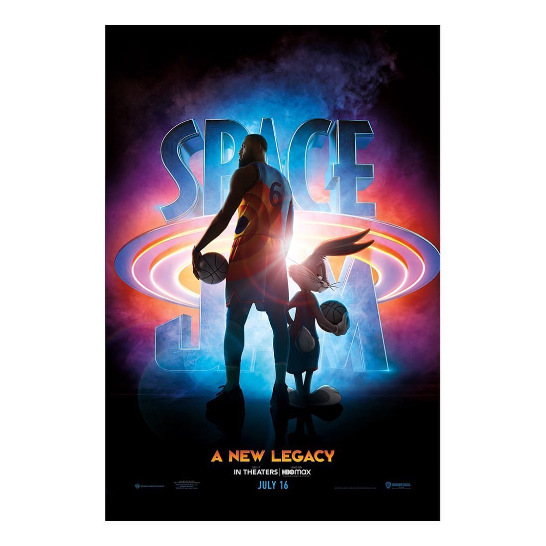 Movie poster for Space Jam: A New Legacy featuring LeBron James holding a basketball next to Bugs Bunny holding a basketball.
