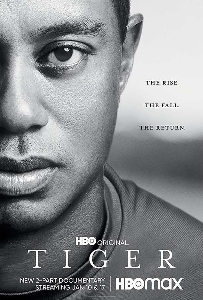 Black and white portrait of Tiger Woods for HBO documentary. Focus on Woods' face with documentary title and HBO Max logo visible.