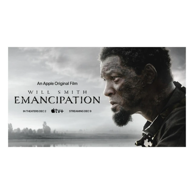 Movie poster featuring Will Smith for 'Emancipation', showing a man's profile against a blurred landscape, movie title, and release dates.