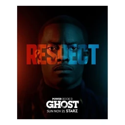 Portrait of a Black man with serious expression illuminated by red and blue light, with text overlay RESPECT