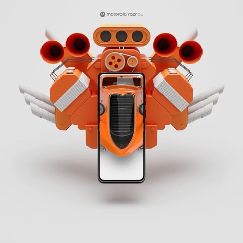 Modern smartphone encased in an orange hot rod-like chassis with white exhaust pipes, set against a bright white background.