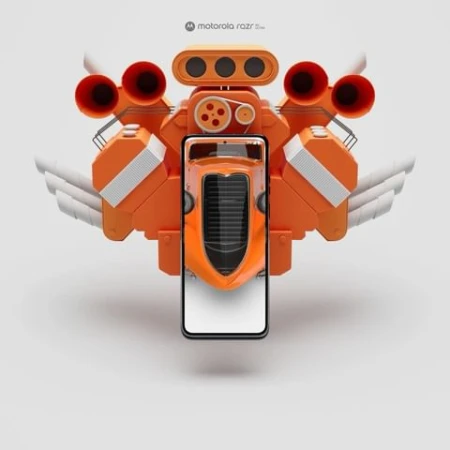 Modern smartphone encased in an orange hot rod-like chassis with white exhaust pipes, set against a bright white background.