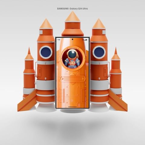 Smartphone display showing cartoon astronaut inside orange rocket, surrounded by additional rocket models on a white background.