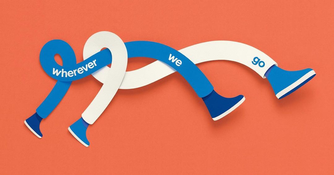 Whimsical graphic art featuring intertwined blue and white figures with text accents on an orange background, vibrant and playful.