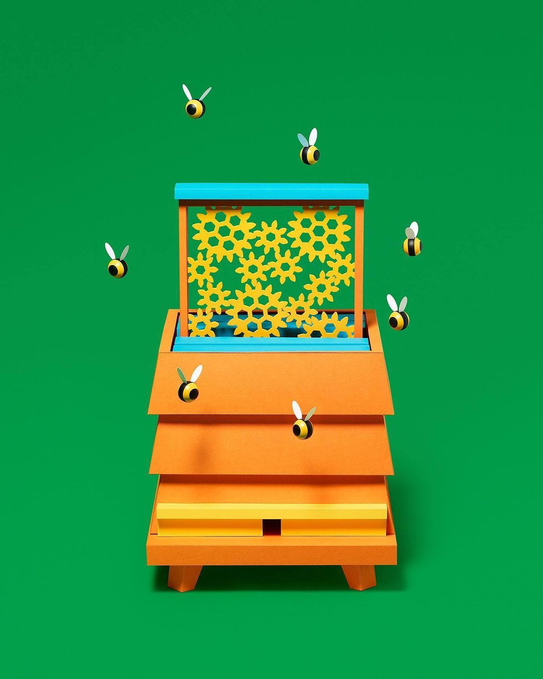 Whimsical bee skep design featuring an orange beehive with bees flying around and yellow honeycomb gears on a green backdrop.