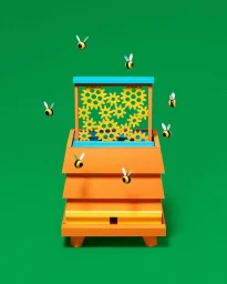A paper art beehive sculpture with yellow honeycomb gear patterns, surrounded by small paper bees, against a solid green background.