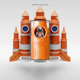 Smartphone featuring an astronaut graphic on screen displayed against a cluster of orange model rockets on white background