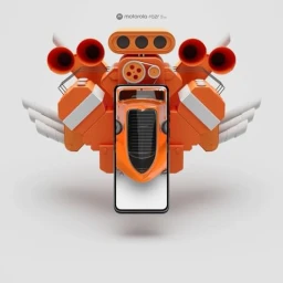 A smartphone displaying an orange car front end attached to a large elaborate orange engine model against a light background.