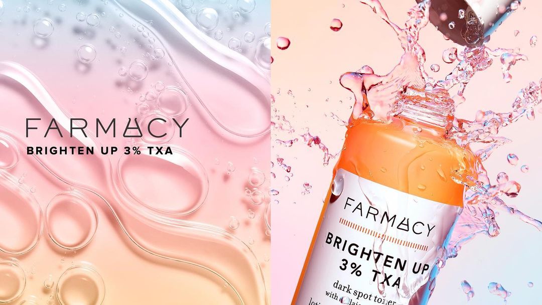 Close-up of Farmacy Brighten Up 3% TXA dark spot toner, bottle with splashes of water on a pastel gradient background, studio shot.