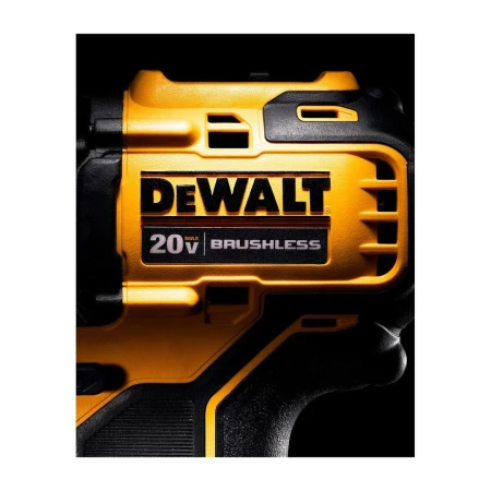 Close-up of a yellow and black DeWalt 20V MAX brushless power tool against a dark background, showcasing its brand and design details.