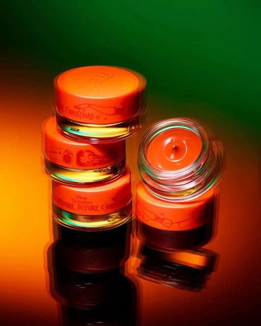 Stacked skincare products with orange lids and clear jars, featuring designs from Disney's The Nightmare Before Christmas.