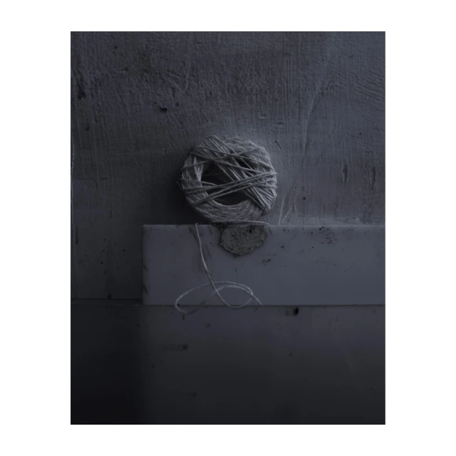 Close-up studio shot features a ball of natural twine resting atop a rectangular platform, set against a textured gray wall backdrop.