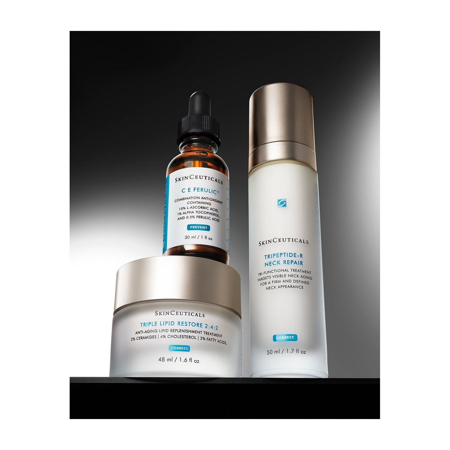Three Skinceuticals bottles of skincare products are arranged on a dark background with a serum, cream, and lotion.