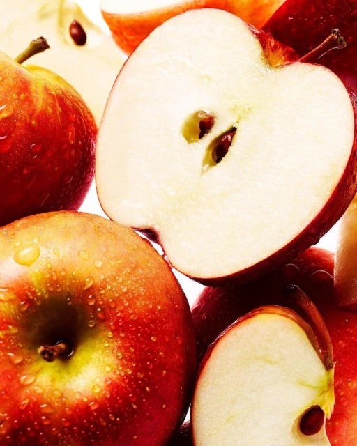 Close-up of whole and halved red apples with water droplets shows fresh fruit against a bright background.