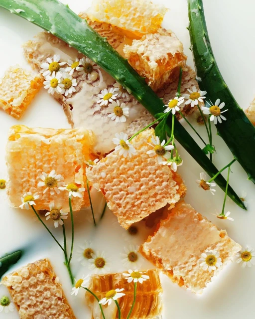 Honeycomb pieces and aloe vera leaves arranged with chamomile flowers on a white surface, creating a natural and fresh composition.