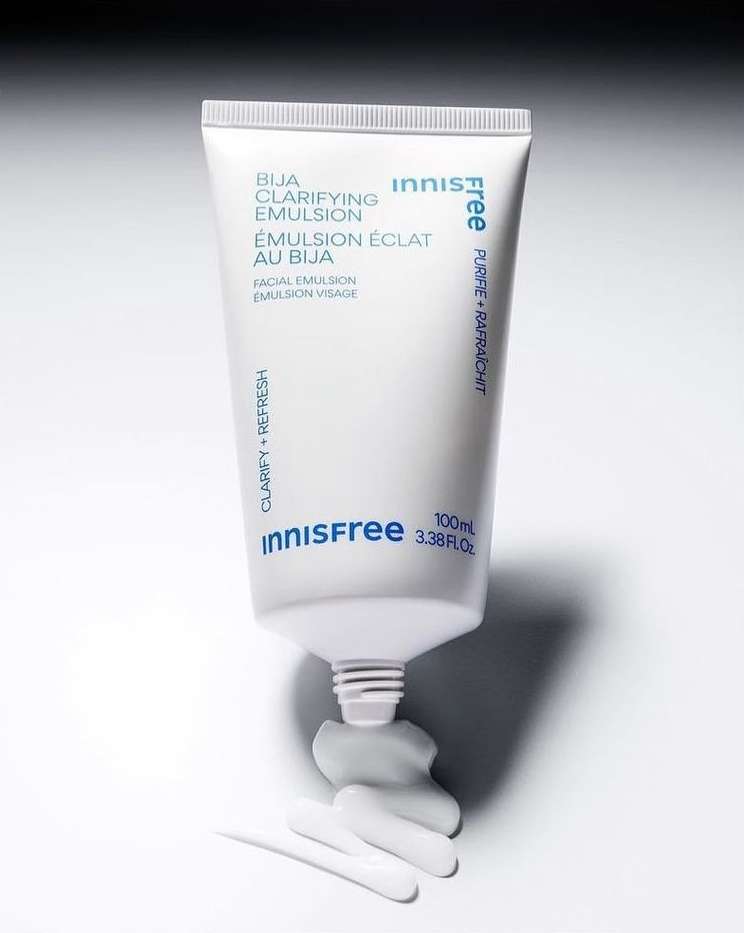 Cosmetic product shot of an innisfree BIJA Clarifying Emulsion tube against a white backdrop, promoting skincare and facial care.
