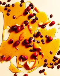Top-down view of liquid honey spilled with scattered coffee beans, whole cranberries, and orange peel zests.