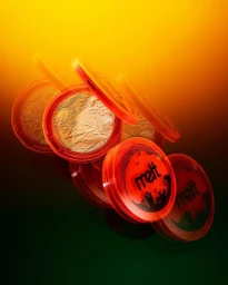 Several orange cosmetic compacts with melt cosmetics branding floating in a dynamic composition against an orange and green gradient background.