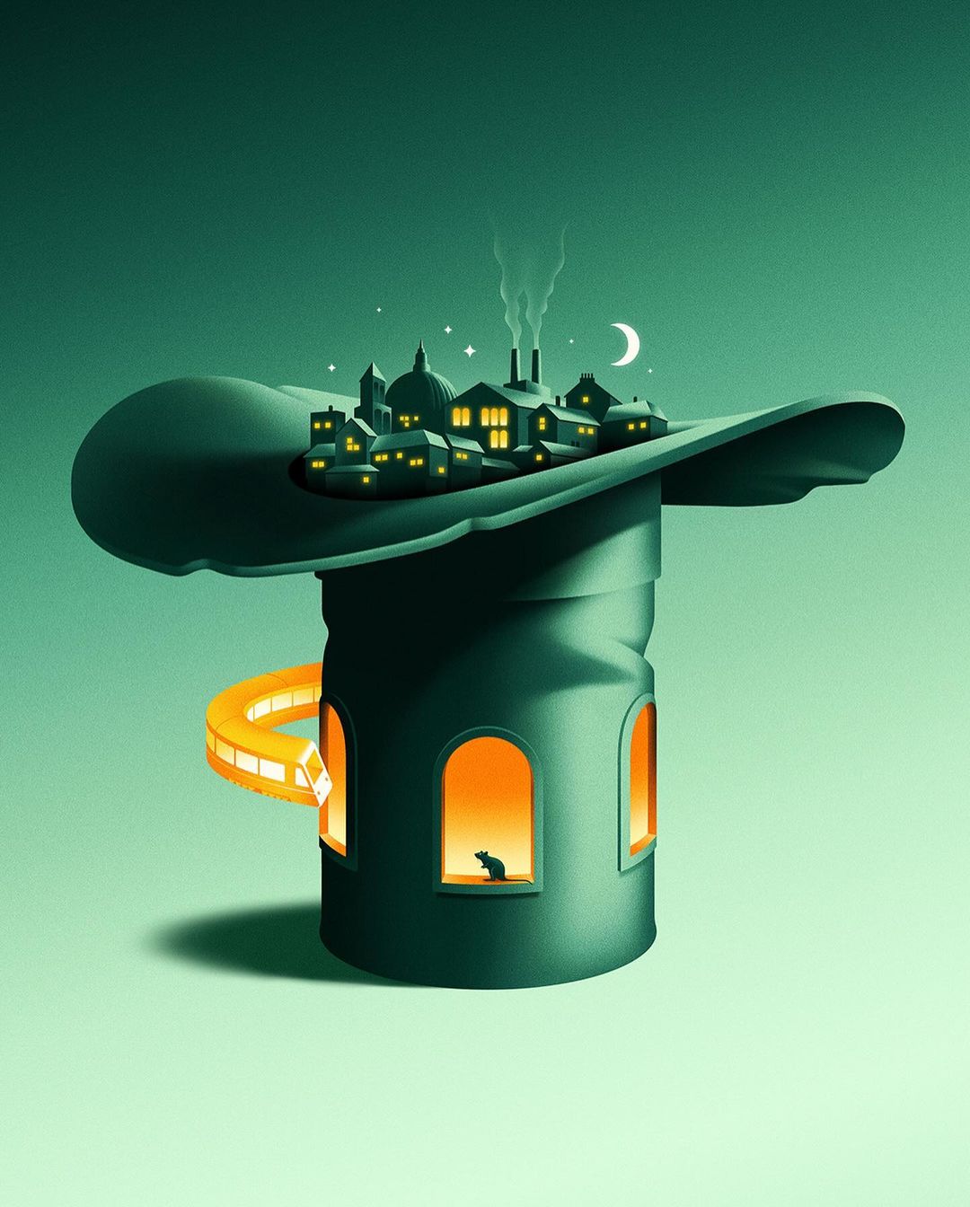 Digital illustration of a surreal hat-shaped building with a city on top, featuring a moon, stars, and smoke against a teal backdrop.