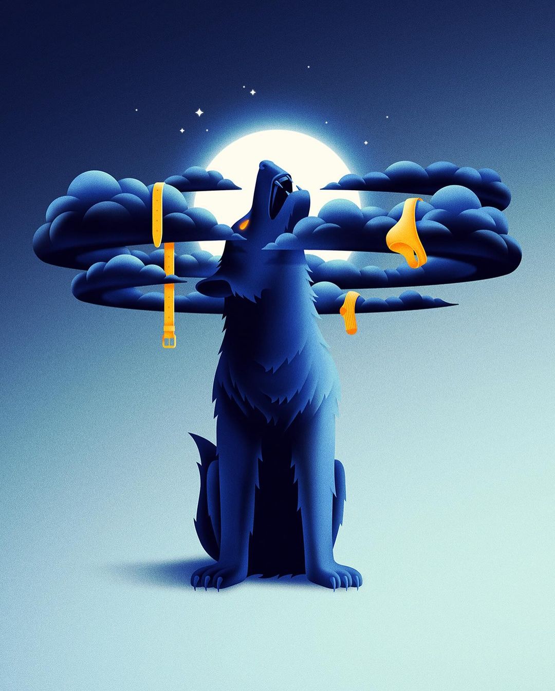 Illustration of a blue wolf howling at a full moon amidst stylized clouds and stars in a fantasy-inspired nighttime scene.