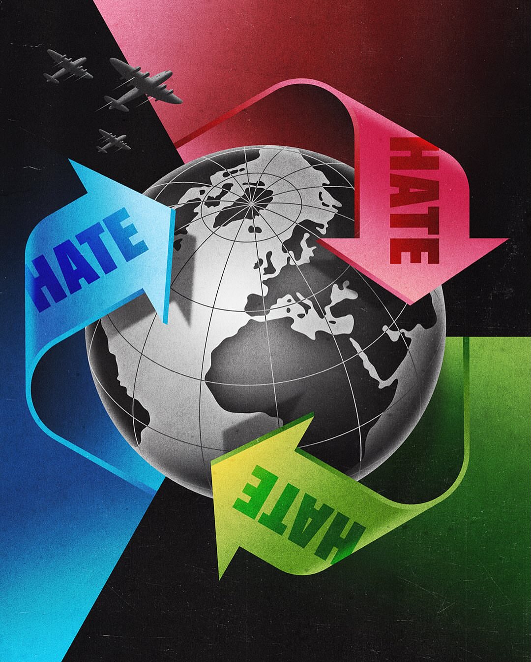 Conceptual illustration with globe, planes, and arrows with 'HATE' text in blue, red, green on a dark background.