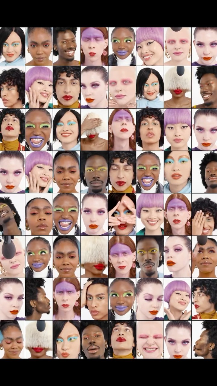 Multiple faces with colorful makeup in a grid. Fashion and beauty concept. Variety of skin tones and hair styles.